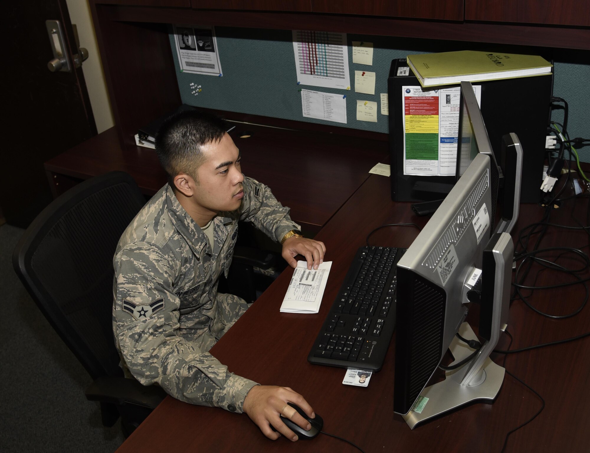 U.S. Air Force Airman 1st Class Samuel San Pedro, an aircraft parts store apprentice with the 35th Logistics Readiness Squadron, checks the Enterprise Solutions System for a list of requested items at Misawa Air Base, Japan, Sept. 20, 2016. The system is used for requesting parts between aircraft maintenance and supply personnel. ESS contains a list of every item in stock, as well as a list of items to be pulled for issue. (U.S. Air Force photo by Airman 1st Class Sadie Colbert)