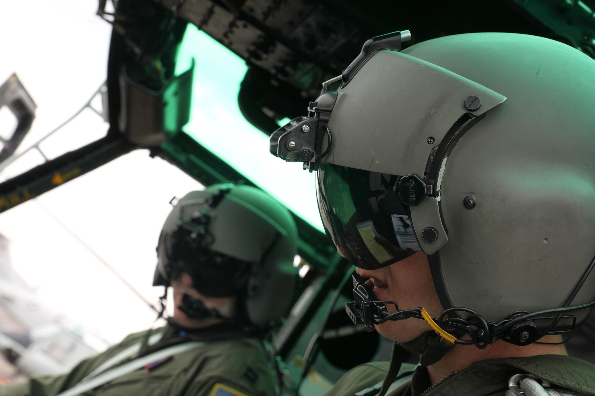 (Right to left) Capt. Jonathan Palka and Capt. Jonathan Coffey, 459th Airlift Squadron UH-1N pilots, prepare to take off at Yokota Air Base, Japan, Sept. 17, 2016, during the 2016 Japanese-American Friendship Festival. The 459 AS demonstrated their airlift capabilities to festivalgoers. Yokota welcomed over 135,000 visitors for the festival. (U.S. Air Force photo by Yasuo Osakabe/Released) 