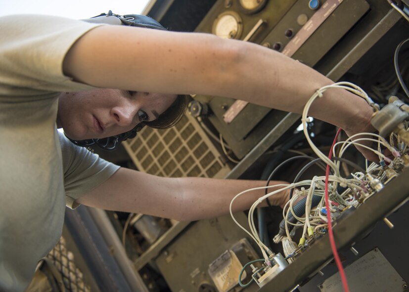 Staff Sgt. Amy Teston, 455th Expeditionary Maintenance Squadron aerospace ground equipment journeyman, completes a voltage check, Bagram Airfield, Afghanistan, Sept. 22, 2016. Voltage checks are completed to measure voltage output of generators, that provide electrical power to aircraft. (U.S. Air Force photo by Senior Airman Justyn M. Freeman)