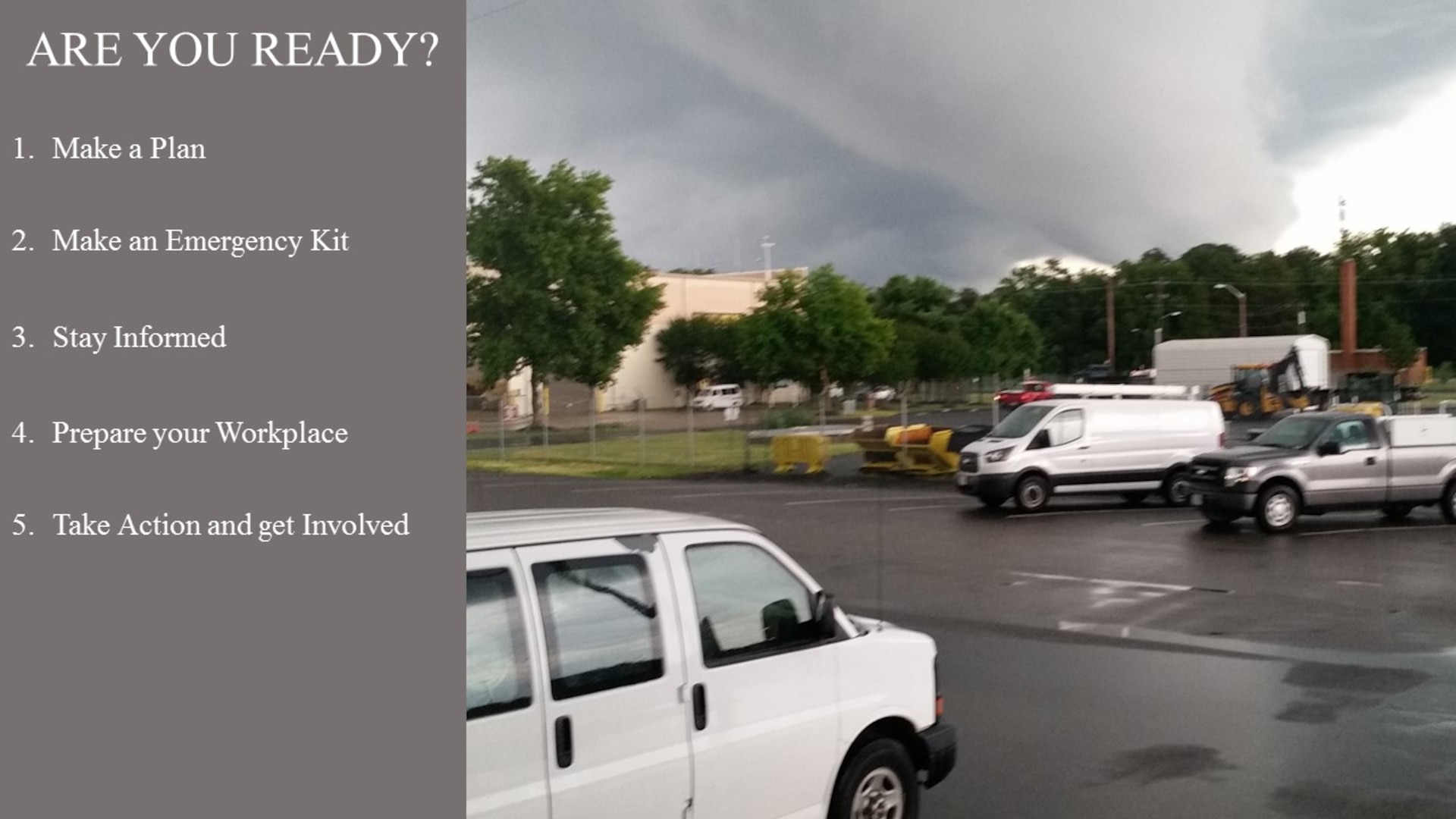 Storm clouds gather over Defense Supply Center Richmond, Virginia, earlier this year, highlighting the need to be prepared for unexpected weather and events.
