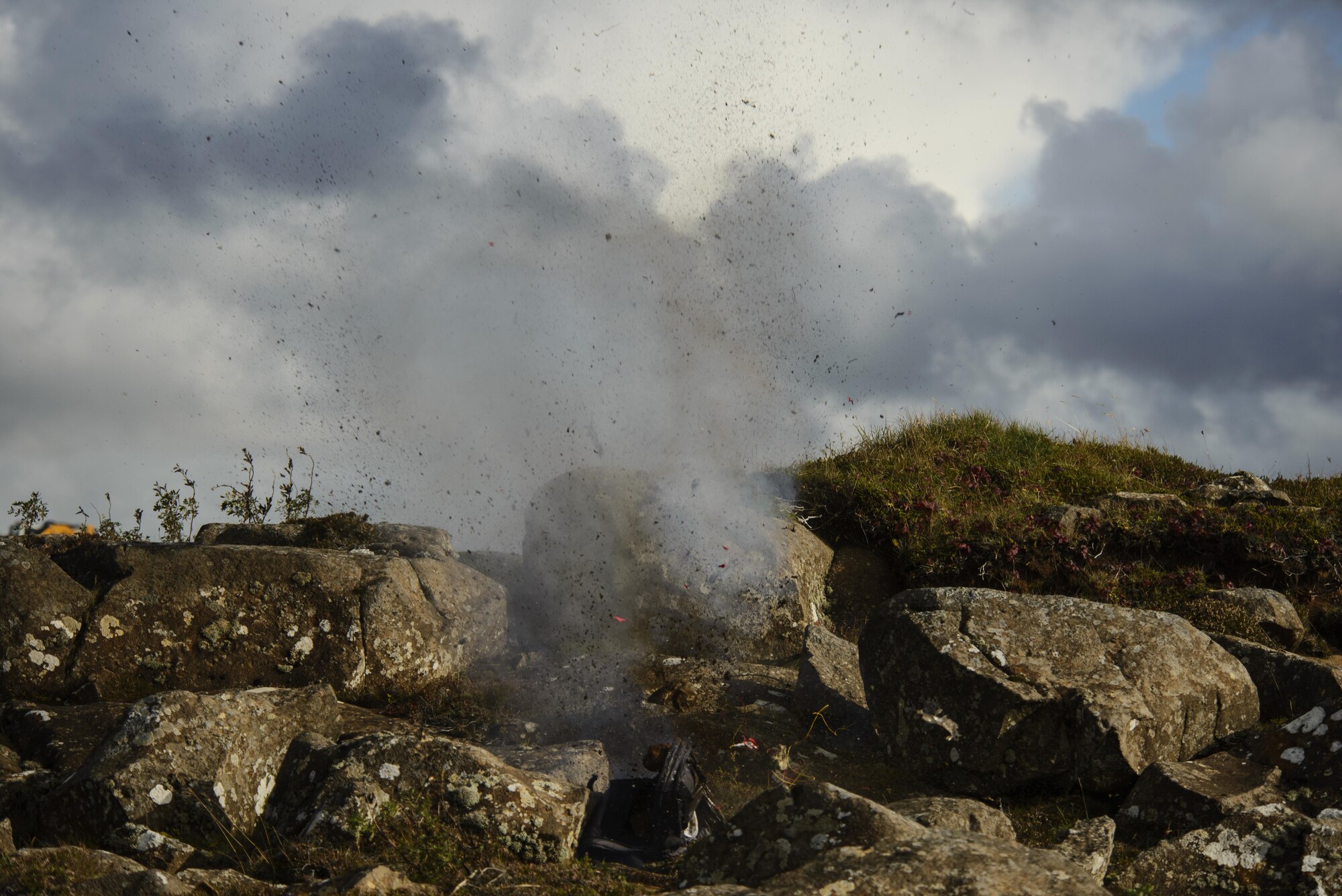 An improvised explosive device is detonated during the Northern Challenge 16 exercise at Icelandic Coast Guard Keflavik Facility, Iceland, Sept. 19, 2016. The exercise focused on disabling IEDs in support of counter-terrorism tactics to prepare Partnership for Peace, NATO, and Nordic nations for international deployments and defense against terrorism. (U.S. Air Force photo by Staff Sgt. Jonathan Snyder)                                        