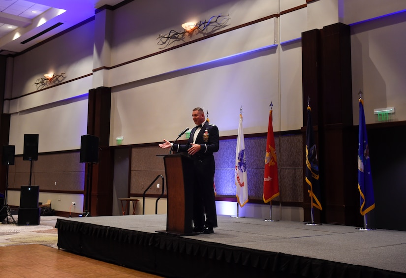 U.S. Air Force Col. Robert Lyman, 628th Air Base Wing commander speaks during the 2016 Air Force Ball Sept. 19, 2016 at the Charleston Convention Center here. The theme for this year’s event was, “Profession of Arms: Forging the American Airman.” The ball celebrated the people and events that shaped the Air Force through its 69-year history.