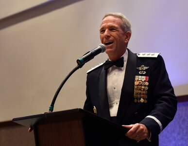U.S. Air Force retired Lt. Gen. Brooks L. Bash, delivers the keynote address during the 2016 Air Force Ball Sept. 19, 2016 at the Charleston Convention Center here. The theme for this year’s event was, “Profession of Arms: Forging the American Airman” and recognized Air Force Airmen and their families serving worldwide. 