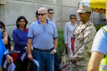 U.S. Marine Lance Cpl. Favio Cuero with the 22nd Marine Expeditionary Unit escorts U.S. and international citizens during a bilateral non-combatant evacuation exercise at the U.S. Embassy, Muscat, Oman, Sept. 21, 2016. The non-combatant evacuation exercise is an opportunity for the United States and Oman to practice a bilateral mission of quickly providing security and safety to U.S. and international citizens abroad during a natural disaster or contingency.