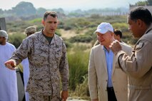 U.S. Marine Brig. Gen. Francis L. Donovan, Commanding General of Task Force 51 Naval Amphibious Force, and 5th Marine Expeditionary Brigade, speaks with U.S. Ambassador Marc J. Sievers during a bilateral non-combatant evacuation exercise at the U.S. Embassy, Muscat, Oman, Sept. 21, 2016. The non-combatant evacuation exercise is an opportunity for the United States and Oman to practice a bilateral mission of quickly providing security and safety to U.S. and international citizens abroad during a natural disaster or contingency.