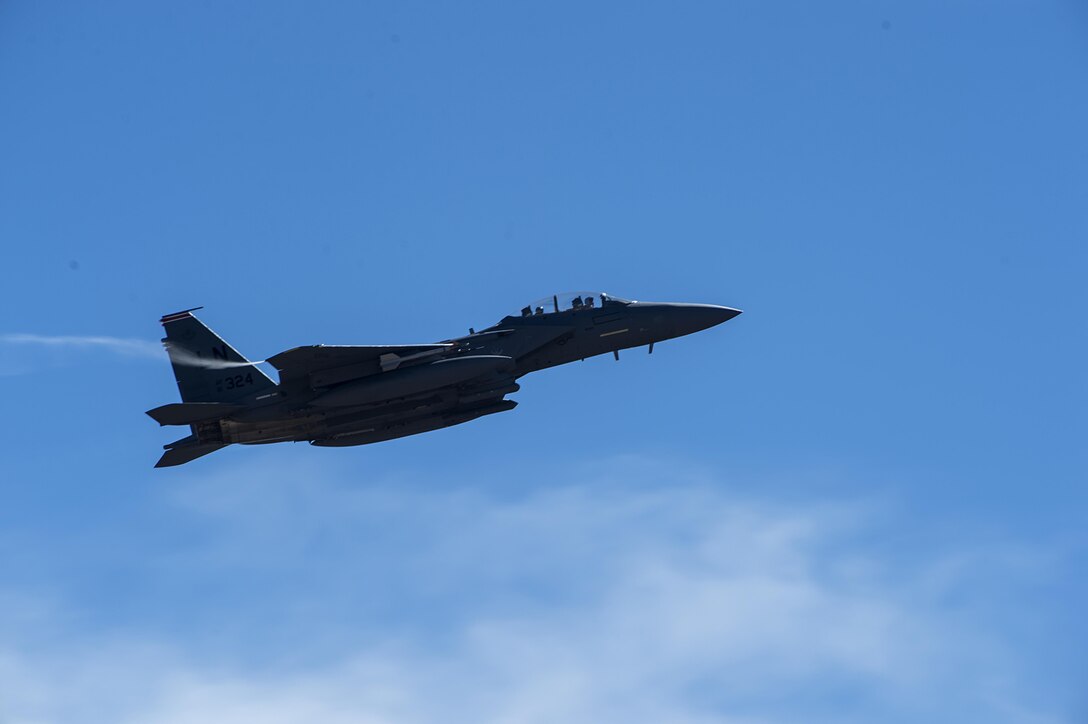 An F-15E Strike Eagle assigned to the 494th Fighter Squadron from Royal Air Force Lakenheath, England, takes off for a sortie in support of Tactical Leadership Programme 16-3 at Los Llanos Air Base, Spain Sep. 19. The training prepares NATO and allied forces’ flight leaders to be mission commanders, lead coalition force air strike packages, instruct allied flying and non-flying personnel in matters related to tactical composite air operations, and provide tactical air expertise to NATO agencies. (U.S. Air Force photo/ Staff Sgt. Emerson Nuñez)