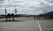 F-15E Strike Eagles assigned to the 494th Fighter Squadron from Royal Air Force Lakenheath, England, taxi for take-off in support of Tactical Leadership Programme 16-3 at Los Llanos Air Base, Spain Sep. 15. The training prepares NATO and allied forces’ flight leaders to be mission commanders, lead coalition force air strike packages, instruct allied flying and non-flying personnel in matters related to tactical composite air operations, and provide tactical air expertise to NATO agencies. (U.S. Air Force photo/ Staff Sgt. Emerson Nuñez)