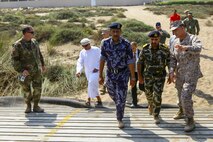 U.S. Marine Brig. Gen. Francis L. Donovan, Commanding General of Task Force 51 Naval Amphibious Force, and 5th Marine Expeditionary Brigade, and U.S. Army Col. Eric J. Larson, Defense Attache, escort officials with The Royal Omani Police during a bilateral non-combatant evacuation exercise at the U.S. Embassy, Muscat, Oman, Sept. 21, 2016. The non-combatant evacuation exercise is an opportunity for the United States and Oman to practice a bilateral mission of quickly providing security and safety to U.S. and international citizens abroad during a natural disaster or contingency.