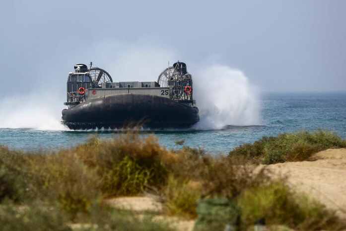 A U.S. Navy Landing Craft Air Cushioned (LCAC) with Assault Craft Unit 4 transports U.S. and international citizens during a bilateral non-combatant evacuation exercise at the U.S. Embassy, Muscat, Oman, Sept. 21, 2016. The non-combatant evacuation exercise is an opportunity for the United States and Oman to practice a bilateral mission of quickly providing security and safety to U.S. and international citizens abroad during a natural disaster or contingency.
