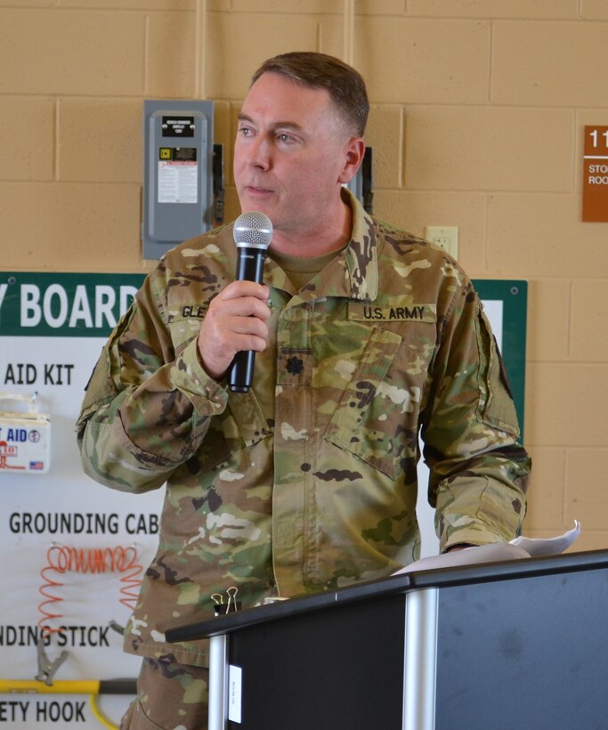 Lt. Col. Peter F. Gleason, a Tracy, California resident and 63rd Brigade Support Battalion incoming commander, addresses Soldiers of his new command, during a change of command ceremony at the George W. Dunaway Army Reserve Center in Sloan, Nev. September 10. He began his 31-year Army Reserve career as an Adjutant General enlisted Soldier in 1984 and in 1995 he attended Officer Candidates School at Fort Benning, Ga., and was commissioned as a Quartermaster Officer.