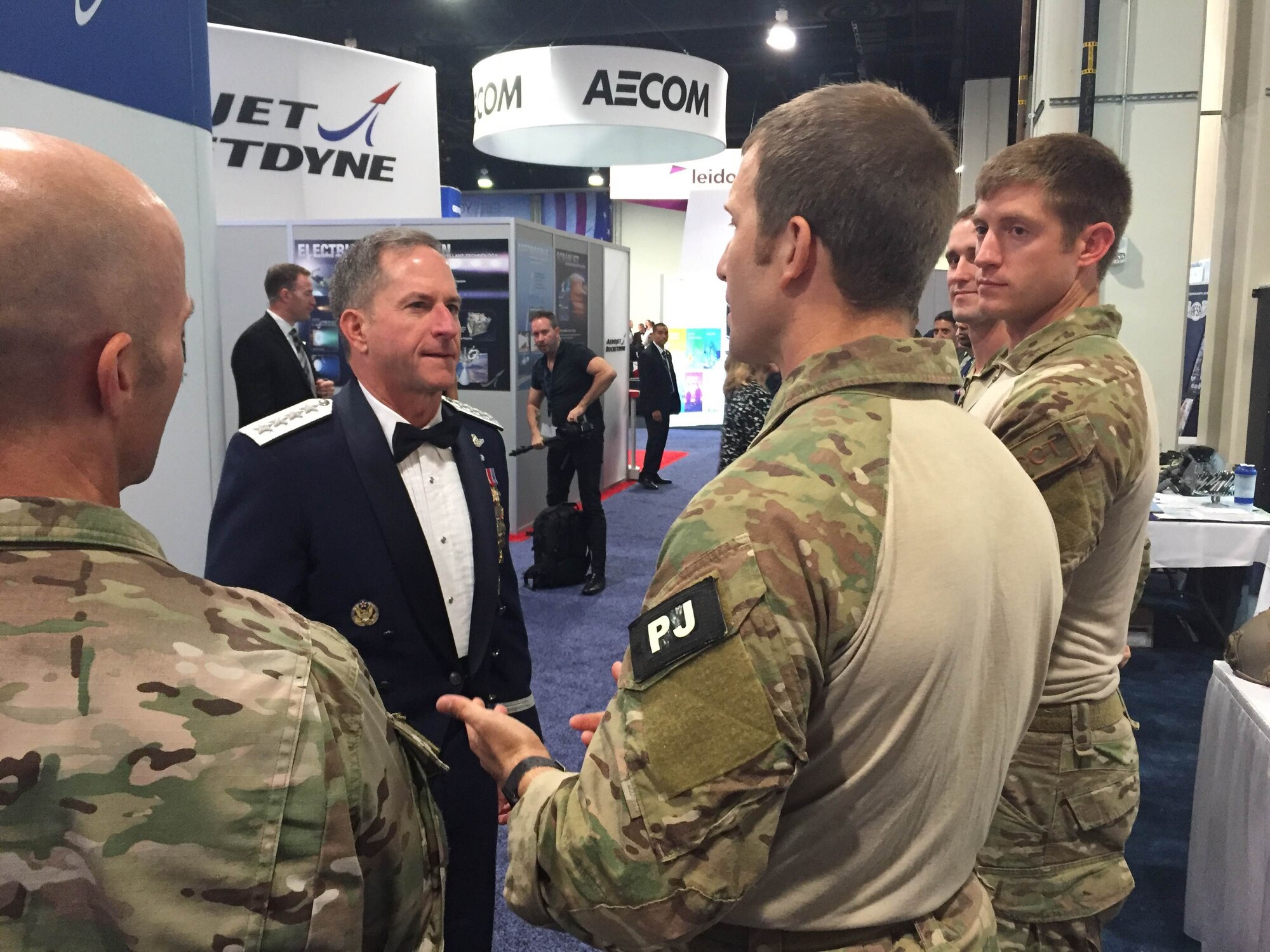 Air Force Chief of Staff Gen. Dave Goldfein talks to battlefield Airmen at the Air Education and Training Command booth at the 2016 Air, Space and Cyber Conference in National Harbor, Md., Sept. 21, 2016. AETC Airmen showcased their capabilities, professionalism and innovation for conference attendees. (U.S. Air Force photo by Senior Airman Chip Pons) 