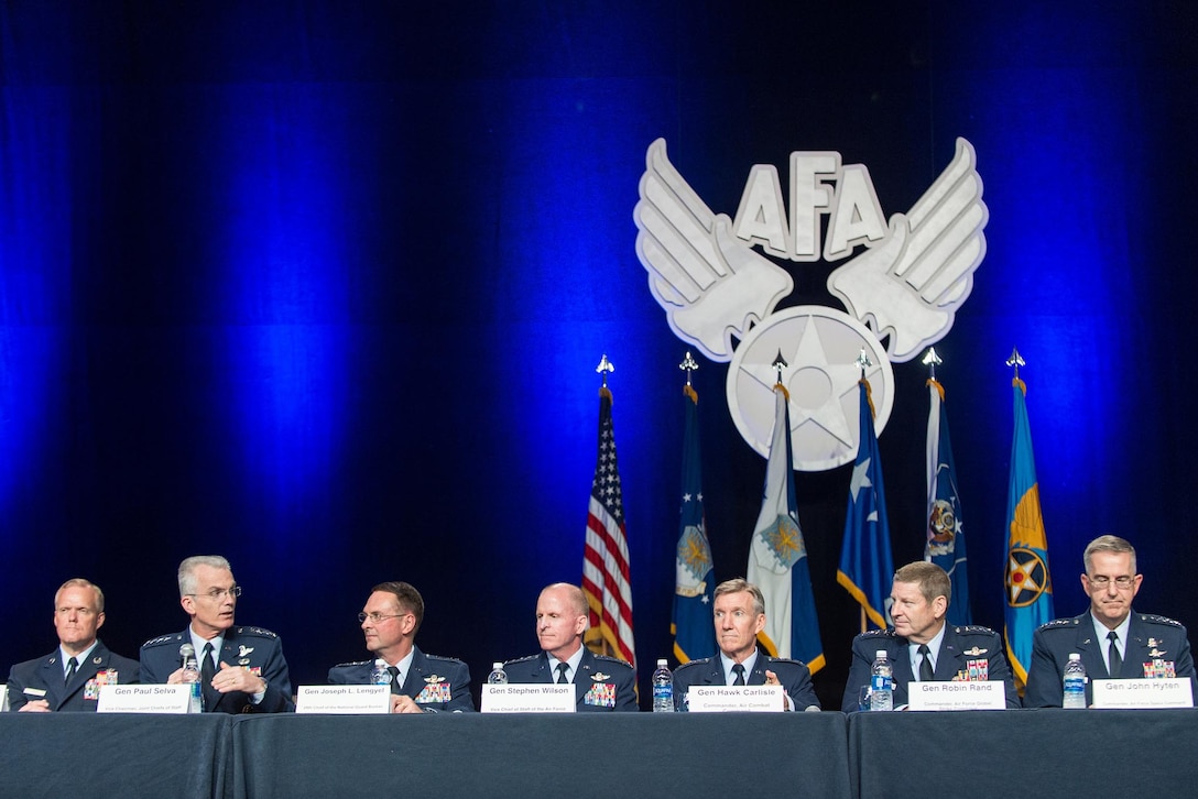 Air Force Gen. Paul J. Selva, second from left, vice chairman of the Joint Chiefs of Staff, participates in a panel discussion with other senior leaders from across the Air Force during the 2016 Air Force Association Air, Space and Cyber Conference at the Gaylord National Resort and Convention Center at National Harbor, Md., Sept. 21, 2016. The panel discussed topics related to personnel, force structure and innovation within the service. DoD photo by Army Sgt. James K. McCann