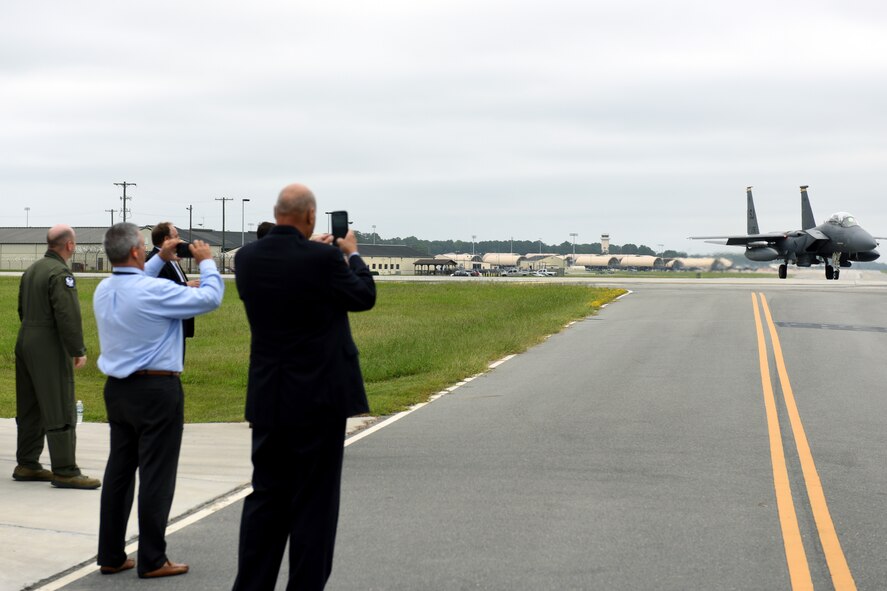 Wayne County Public School educators watch an F-15E Strike Eagle from the 336th Fighter Squadron prepare for takeoff to participate in Razor Talon, Sept. 16, 2016, at Seymour Johnson Air Force Base, North Carolina. The 4th Fighter Wing hosted the tour to show educators what their students’ parents do on a daily basis. (U.S. Air Force photo by Airman Miranda A. Loera)