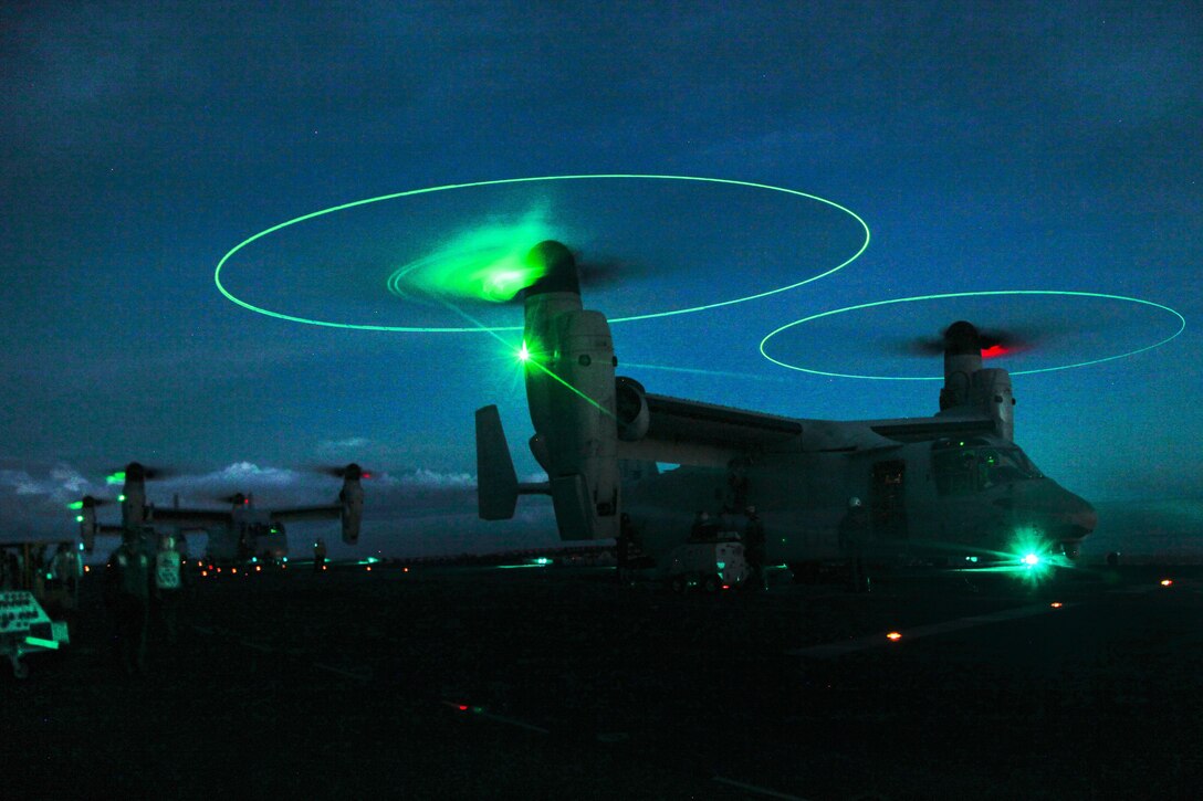 MV-22B Osprey tiltrotor aircraft prepare for takeoff from the flight deck of the USS Bonhomme Richard during Valiant Shield 16 off the coast of the Northern Mariana Islands in the Philippine Sea, Sept. 20, 2016. Marine Corps photo by Cpl. Samantha Villarreal