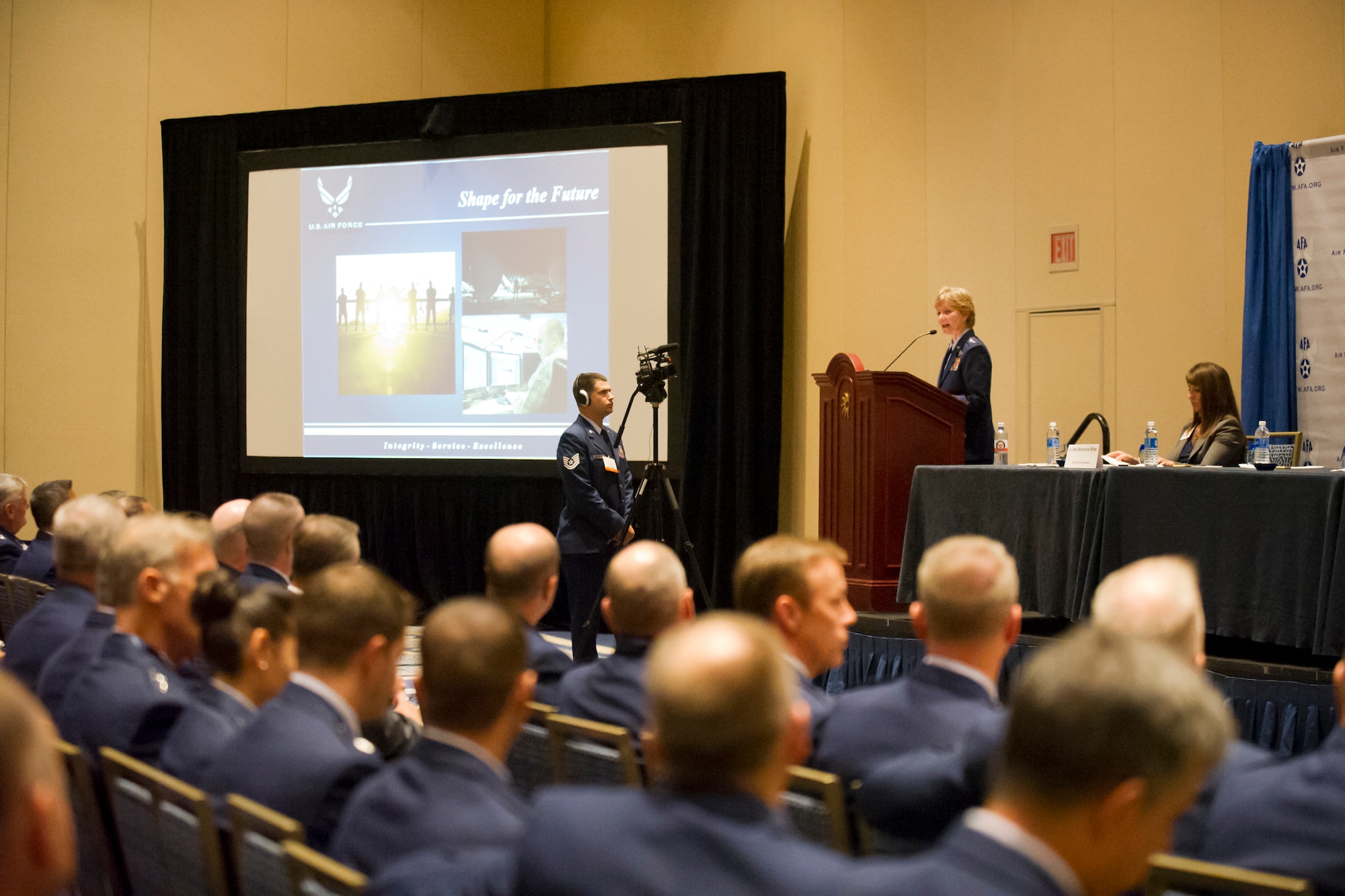 Lt. Gen. Maryanne Miller, the Air Force Reserve Command commander and chief of the Air Force Reserve, discusses protecting, building and shaping the future of the Reserve during the Air Force Association's Air, Space and Cyber Conference in National Harbor, Md., Sept. 20, 2016. (U.S. Air Force photo/Staff Sgt. Kat Justen)