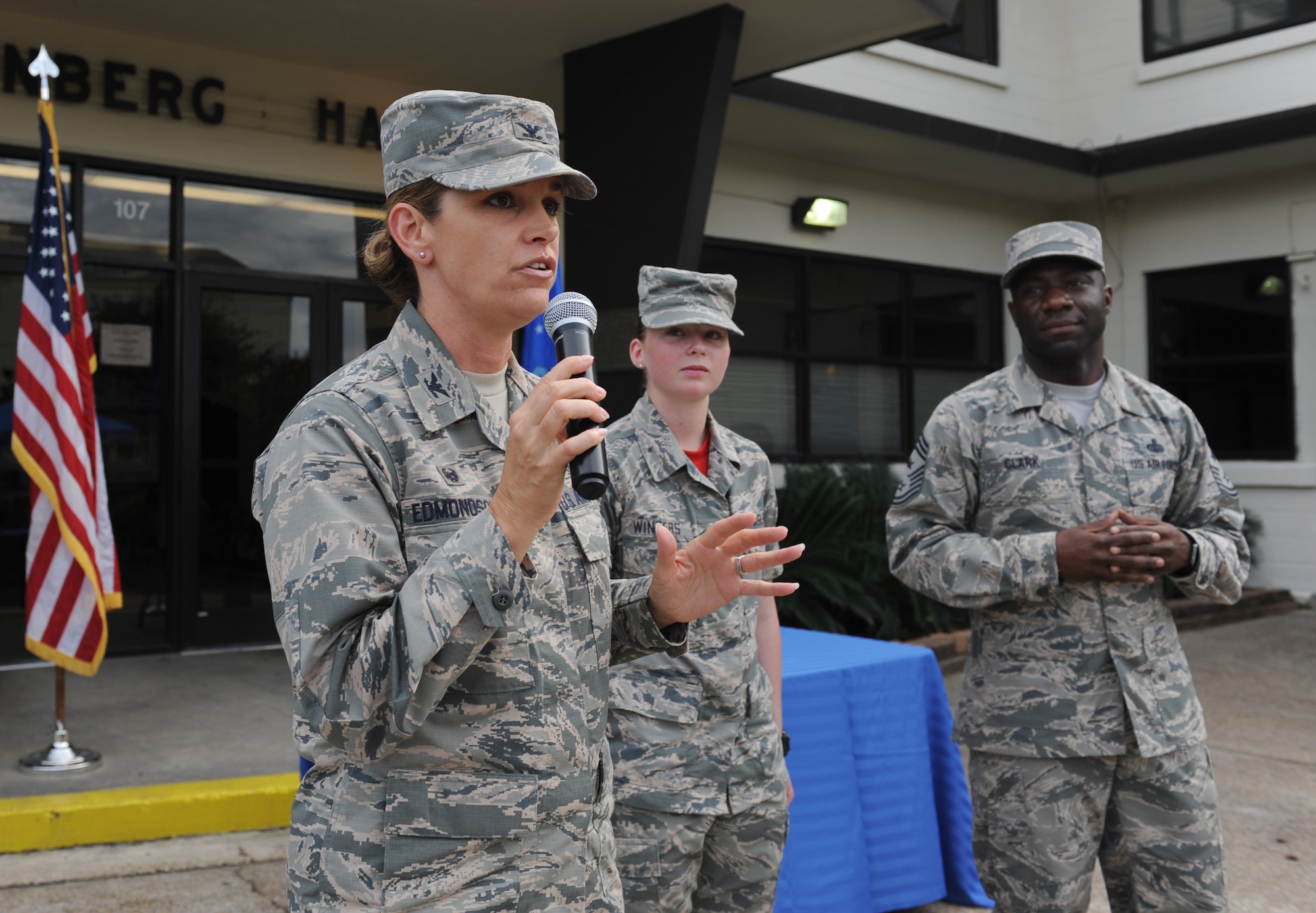 Col. Michele Edmondson, 81st Training Wing commander, delivers remarks during Keesler’s Air Force birthday celebration in front of Vandenberg Hall Sept. 16, 2016, on Keesler Air Force Base, Miss. The event included a cake-cutting ceremony, music and food to celebrate the Air Force’s 69th birthday. (U.S. Air Force photo by Kemberly Groue/Released)