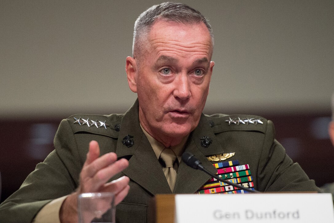 Marine Corps Gen. Joe Dunford, chairman of the Joint Chiefs of Staff, provides testimony to the Senate Armed Services Committee in Washington, D.C., Sept. 22, 2016. DoD photo by Navy Petty Officer 2nd Class Dominique A. Pineiro