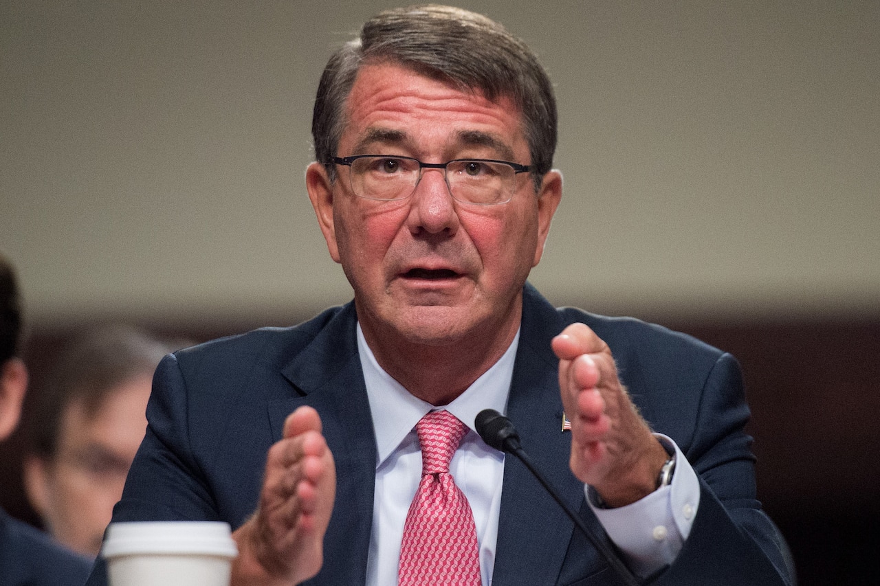 Defense Secretary Ash Carter testifies before the the Senate Armed Services Committee in Washington, Sept. 22, 2016. Carter was joined by Marine Corps Gen. Joe Dunford, chairman of the Joint Chiefs of Staff, and the two leaders discussed national security challenges, military operations and their concerns over the potential of an eigth continuing resolution heading into fiscal year 2017. DoD photo by Navy Petty Officer 2nd Class Dominique A. Pineiro