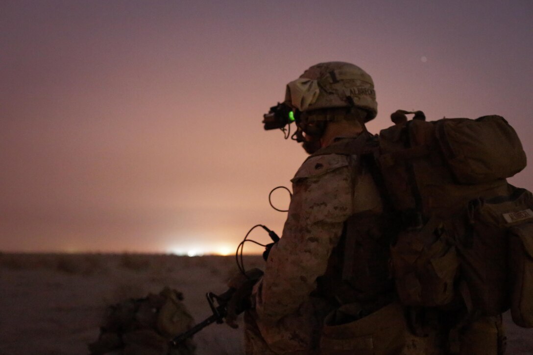 A U.S. Marine with 2nd Battalion, 7th Marine Regiment, Special Purpose Marine Air-Ground Task Force - Crisis Response - Central Command, posts security during a Tactical Recovery of Aircraft and Personnel exercise, Aug. 29, 2016. U.S. Marines and Sailors assigned to Special Purpose Marine Air-Ground Task Force-Crisis Response-Central Command support operations, contingencies and security cooperation in Marine Corps Forces Central Command and U.S. Central Command area of responsibility. (U.S. Marine Corps photo by Cpl. Trever Statz)