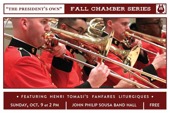 "The President's Own" Fall Chamber Series concert will take place at 2 p.m. (EDT), Sunday, Oct. 9, in the John Philip Sousa Band Hall at the Marine Barracks Annex, located at 7th & K Streets, SE, in Washington, D.C. The concert will feature Turner Layton's "After You've Gone;" Soulima Stravinsky's String Quartet No. 3; Henri Tomasi's Fanfares Liturgiques; and Johannes Brahms' Trio in C for Piano and Strings, Opus 87. Free parking is available under the overpass on 7th Street and the concert will also stream live on the Marine Band website. 