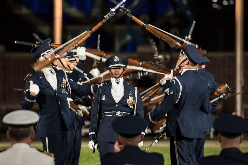The U.S. Air Force Honor Guard Drill Team performs a rifle demonstration during the 2016 U.S. Air Force Tattoo dress rehearsal at Joint Base Anacostia-Bolling, Washington, District of Columbia, Sept. 21. This year's military tattoo concert is scheduled for Sept. 22 to commemorate the Air Force's 69th Birthday. In addition to drill team performances, the event will feature the U.S. Air Force Band, Deborah Lee James, Secretary of the Air Force, and Gen.
David L. Goldfein, Chief of Staff of the Air Force. (U.S. Air Force photo by Senior Airman Jordyn Fetter)