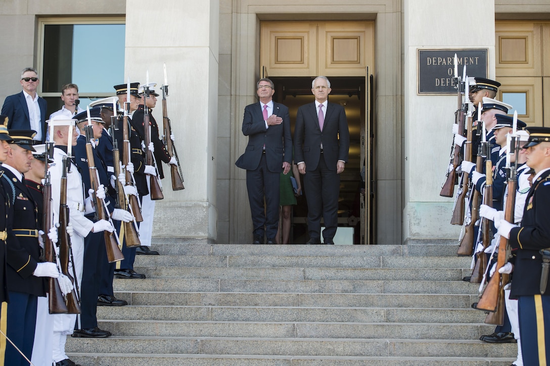 Defense Secretary Ash Carter hosts an enhanced honor cordon for Australian Prime Minister Malcolm Turnbull at the Pentagon, Sept. 22, 2016. The two leaders met to discuss matters of mutual importance. DoD photo by Air Force Tech. Sgt. Brigitte N. Brantley