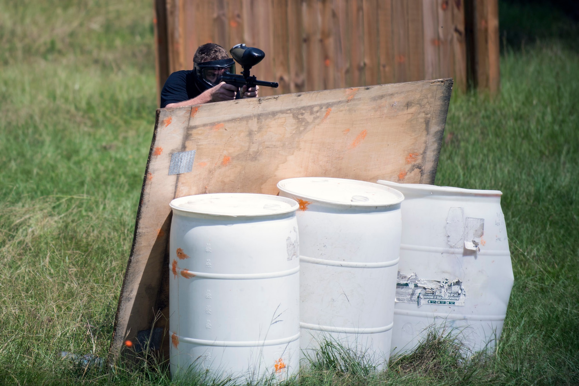 U.S. Air Force Tech. Sgt. Travis Siegwart, 347th Operations Support Squadron NCO in charge of survival, evasion, resistance and escape training, aims a paintball gun during combat survival training, Sept. 20, 2016, at Moody Air Force Base, Ga. Siegwart says as a leader, he emphasizes the importance of giving twice as much effort to maximize the productivity of his students and help ensure they can survive any adverse situation when challenged. (U.S. Air Force photo by Airman 1st Class Daniel Snider)  