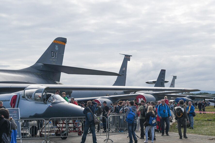The tails of a B-1 Lancer from the 7th Bomb Wing, Dyess Air Force Base, Texas, a KC-135 Stratotanker from the 155th Air Refueling Wing, Lincoln Air National Guard Base, Neb. and a B-52 Stratofortress from the 307th Bomb Wing, Barksdale AFB, La. sit on display on the Ostrava, Czech Republic air strip for NATO Days 2016. More than 130,000 people attended the Sept. 17-18 event.  (U.S. Air Force photo by Master Sgt. Dachelle Melville/Released)