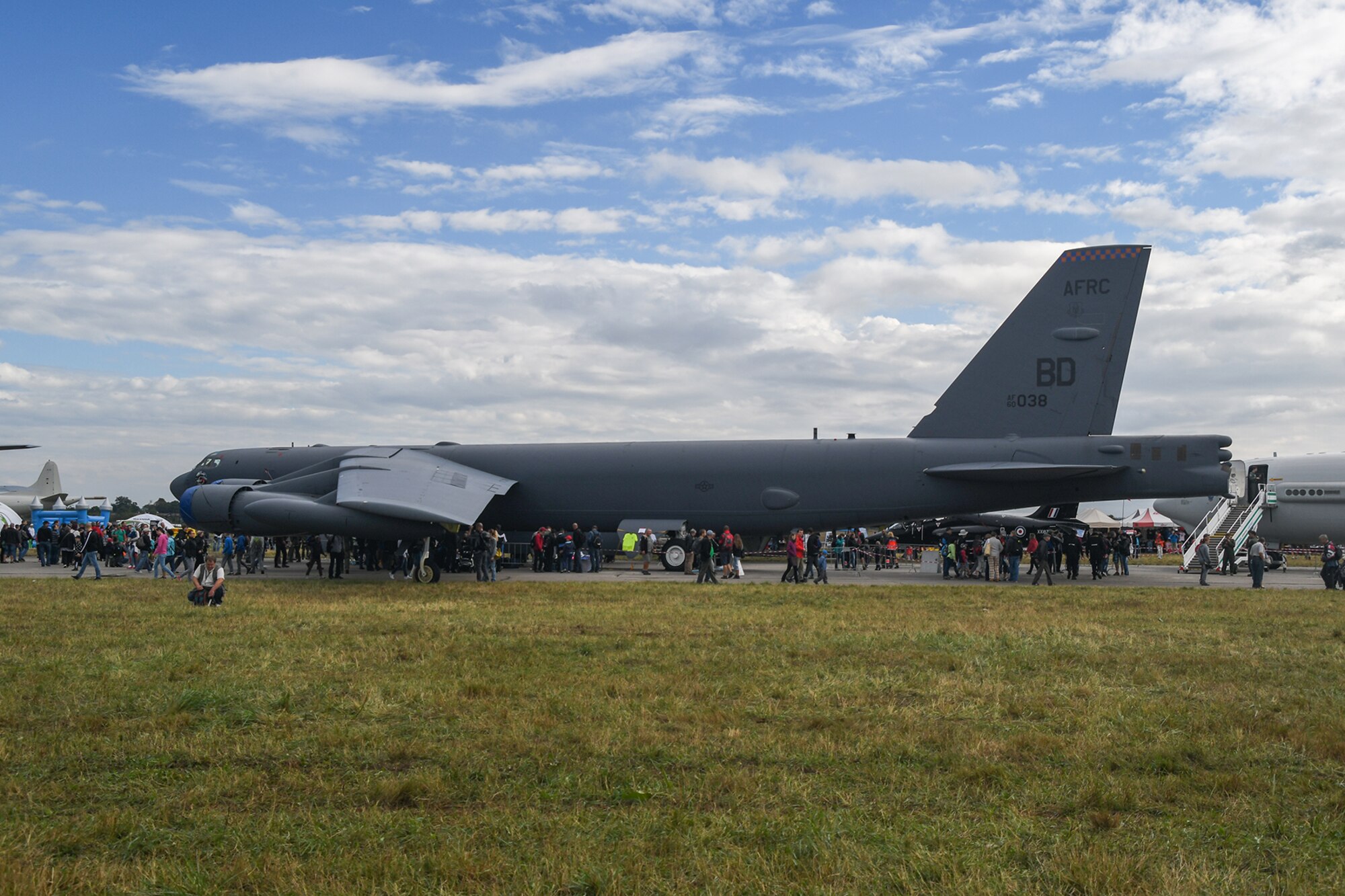 A B-52 Stratofortress sits on display on the Ostrava, Czech Republic air strip for NATO Days 2016. The Air Force Reserve 307th Bomb Wing deployed the B-52 as well as a B-1 Lancer to support the air show. More than 130,000 people attended the Sept. 17-18 event.  (U.S. Air Force photo by Master Sgt. Dachelle Melville/Released)
