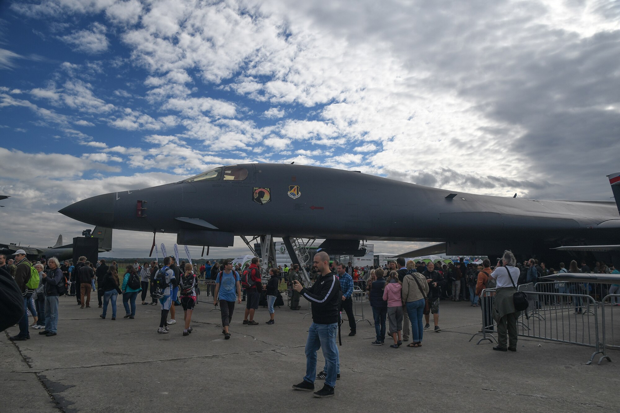 A B-1 Lancer sits on display on the Ostrava, Czech Republic air strip for NATO Days 2016. The Air Force Reserve 307th Bomb Wing deployed the B-1 as well as a B-52 Stratofortress to support the air show. More than 130,000 people attended the Sept. 17-18 event.  (U.S. Air Force photo by Master Sgt. Dachelle Melville/Released)