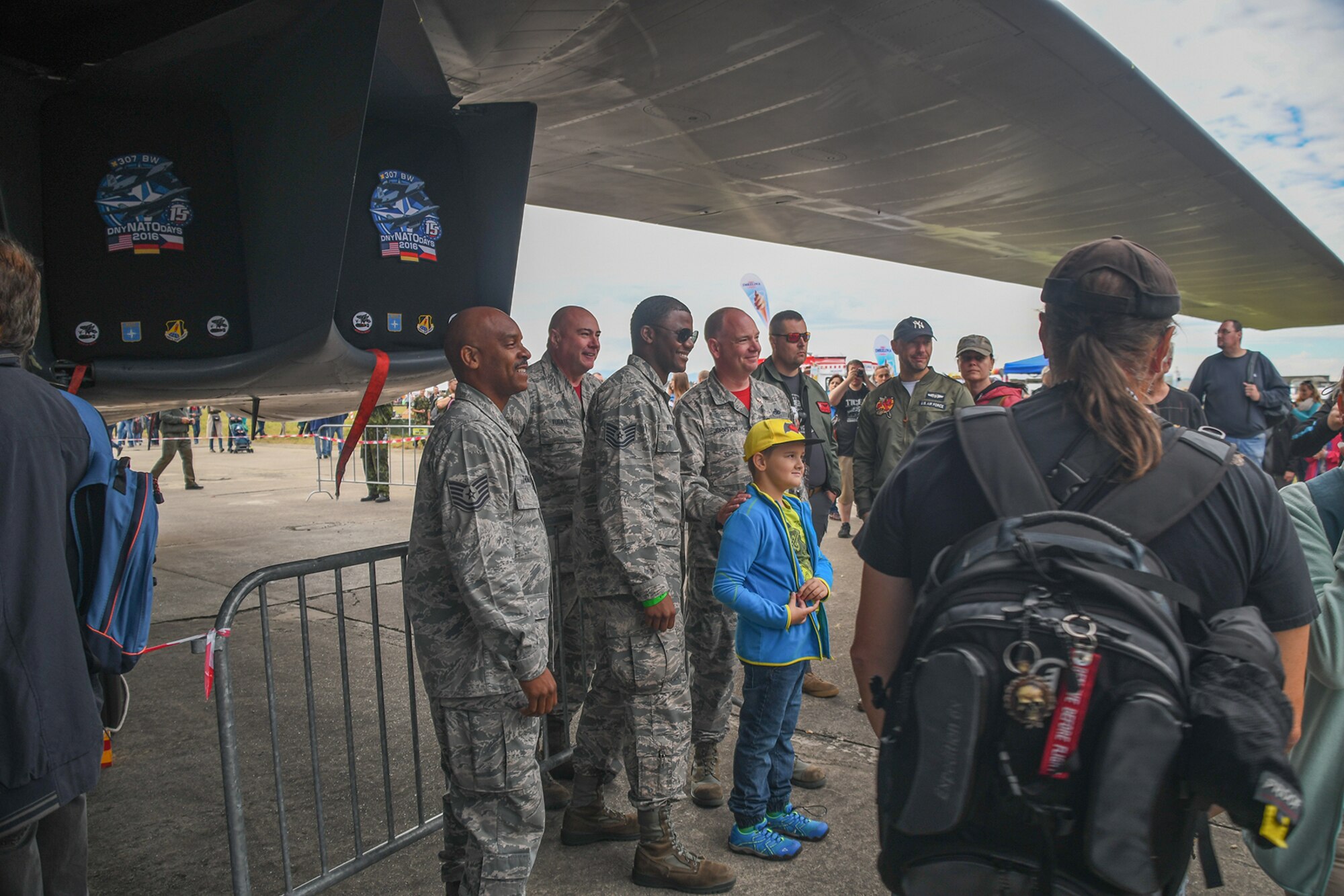 U.S. Air Force airmen from the 489th Bomb Group, Dyess Air Force Base, Texas, pose for photos in front of a B-1 Lancer during the NATO Days 2016 in Ostrava, Czech Republic. The reserve airmen deployed with the B-1 as well as a B-52 Stratofortress to support the air show. More than 130,000 people attended the Sept. 17-18 event.  (U.S. Air Force photo by Master Sgt. Dachelle Melville/Released)