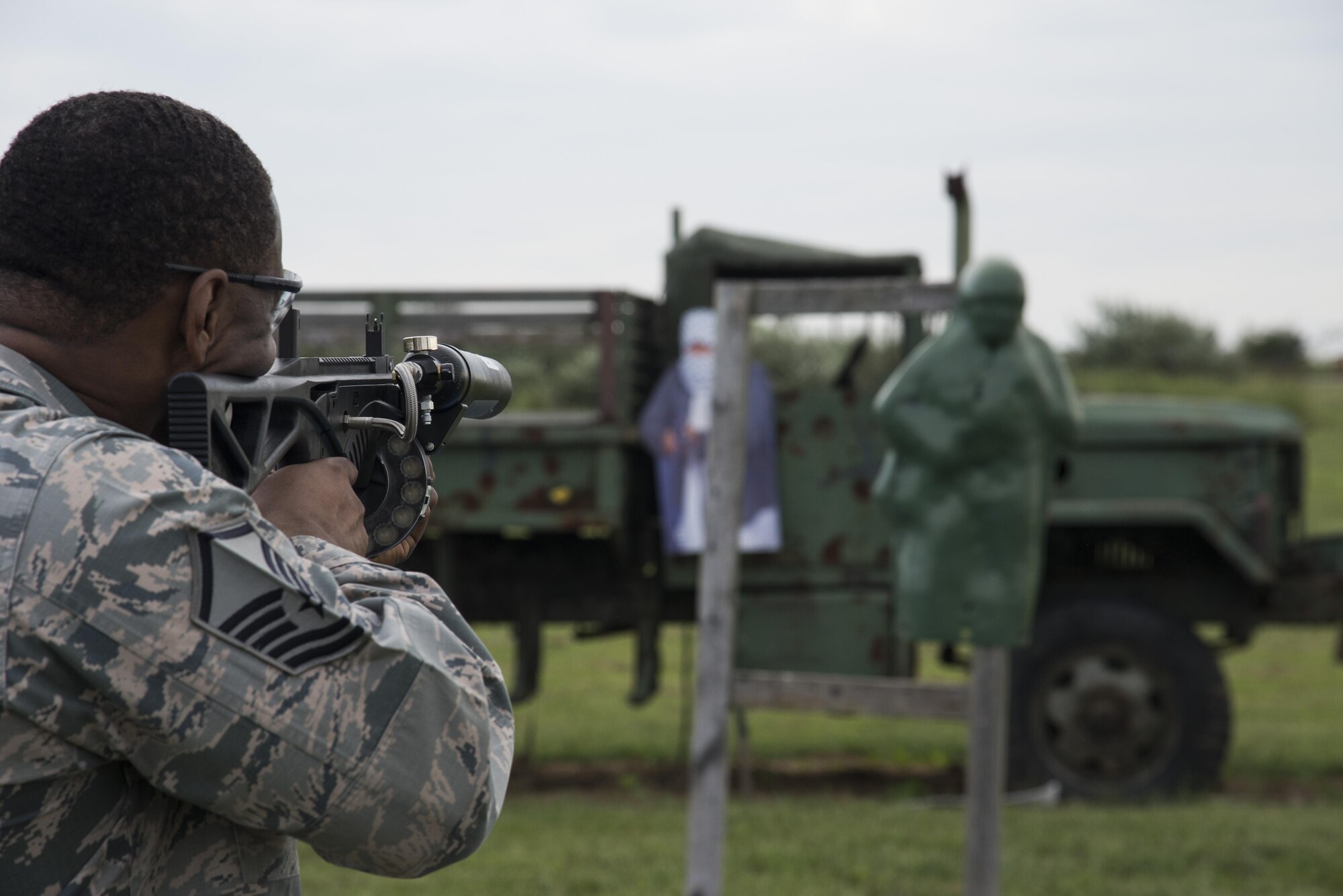 Master Sgt. Greggery Gordon, Air Mobility Command Raven program manager, participates in a non-lethal weapons training Sept. 8, 2016 at the Illinois National Guard Training Center in Sparta, Illinois. There were 27 attendees who took part in the training. In attendance were Members of the 375th Security Forces Squadron and Logistics Readiness Squadron, 126th SFS, and a representative from the District Attorney’s Office. (U.S. Air Force photo by Airman 1st Class Gwendalyn Smith)