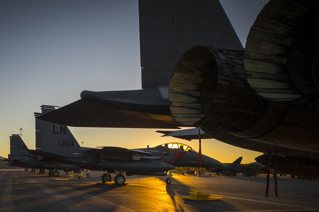 F-15E Strike Eagles, assigned to the 494th Fighter Squadron from Royal Air Force Lakenheath, England, rest on the flightline at Los Llanos Air Base, Spain, Sept. 16, 2016. During Tactical Leadership Programme 16-3, U.S. service members trained side by side with NATO allies and partners, preparing them to meet future security challenges as a unified force. (U.S. Air Force photo/Staff Sgt. Emerson Nuñez)