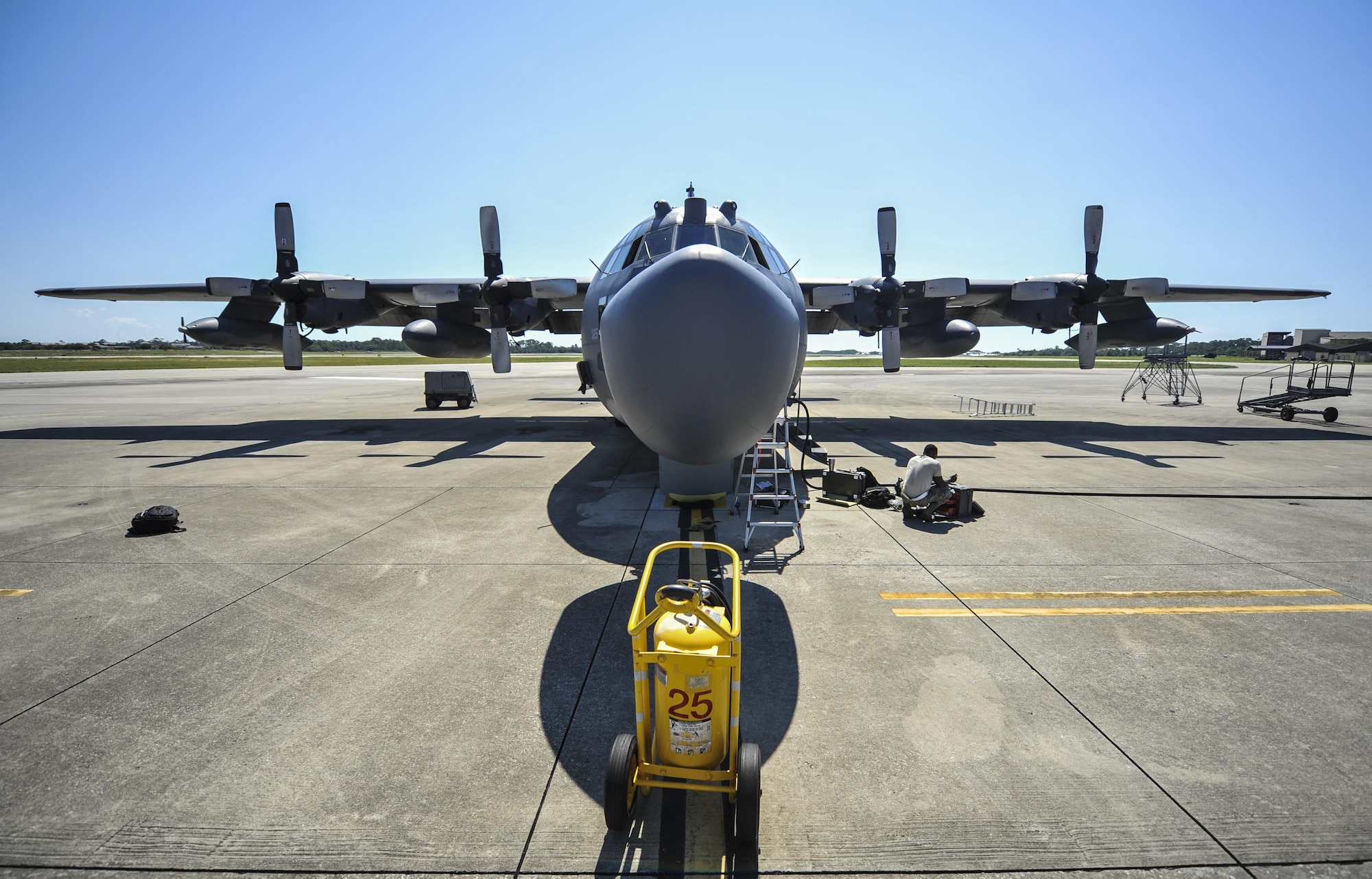 An MC-130H Combat Talon II is prepared for routine maintenance on the flightline at Hurlburt Field, Fla., Sept. 21, 2016. The Combat Talon II provides infiltration, exfiltration and resupply of special operations forces and equipment in hostile or denied territory. (U.S. Air Force photo by Airman 1st Class Joseph Pick)