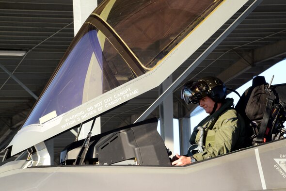 Royal Australian Air Force SQD LDR David Bell, 61st Fighter Squadron instructor pilot, prepares to fly an F-35 Lightning II Sept. 16, 2016, at Mountain Home Air Force Base, Idaho. Luke sent jets to Mountain Home AFB because it provides a unique opportunity for developing proficiency in the destruction of surface-to-air threats at their range complex. (U.S. Air Force photo by Tech. Sgt. Timothy Boyer)