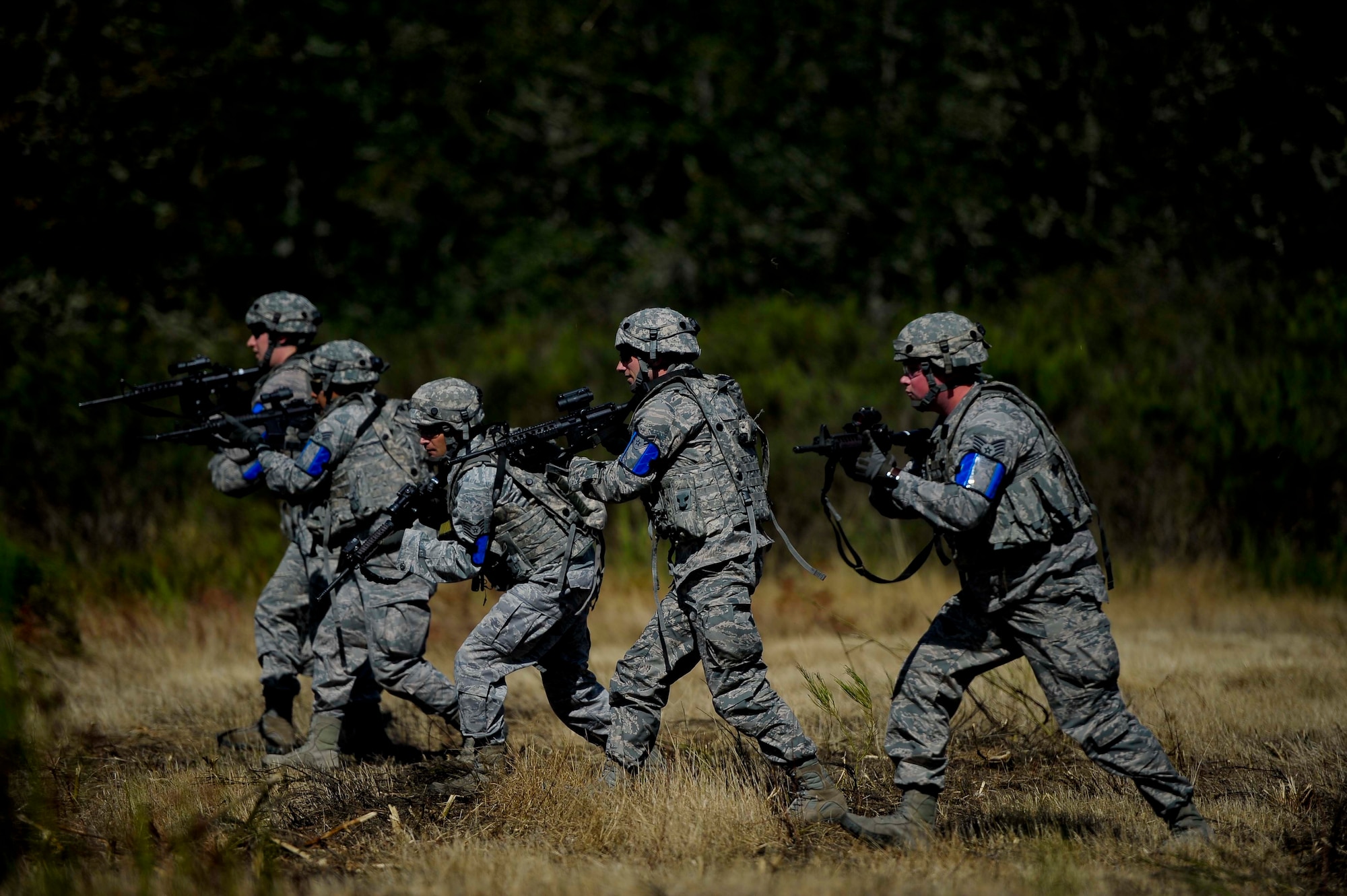 Security Forces Squadron Airmen from the 446th Airlift Wing at Joint Base Lewis-McChord participate in a field training exercise to simulate combat conditions when deployed. (U.S. Air Force Reserve photo by Staff Sgt. Daniel Liddicoet)