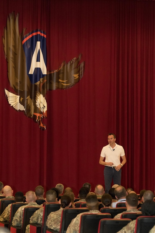 U.S. Army Secretary Eric Fanning takes to stage during a town hall meeting September 19 with Soldiers at Camp Arifjan, Kuwait. The top Army civilian spoke to a filled auditorium of more than 200 Soldiers from primarily U.S. Army Central about the current state of the Army in its unique time of shrinking budgets and multiple missions throughout the Middle East. (U.S. Army photo by Sgt. Brandon Hubbard)