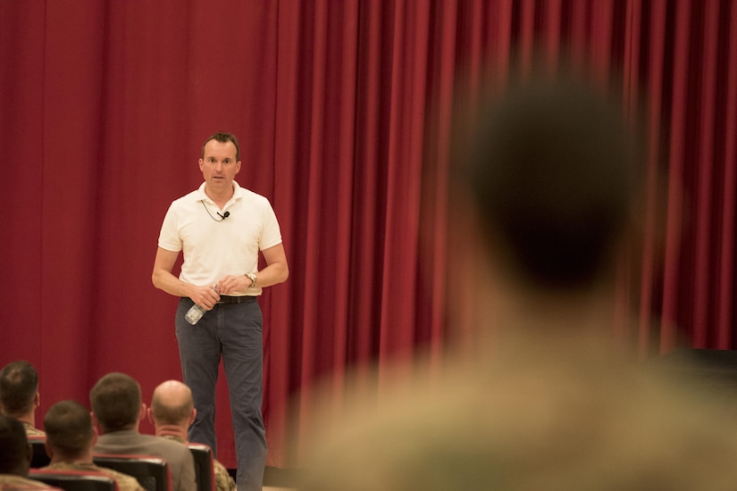 U.S. Army Secretary Eric Fanning takes to stage during a town hall meeting September 19 with Soldiers at Camp Arifjan, Kuwait. The top Army civilian spoke to a filled auditorium of more than 200 Soldiers from primarily U.S. Army Central about the current state of the Army in its unique time of shrinking budgets and multiple missions throughout the Middle East. (U.S. Army photo by Sgt. Brandon Hubbard)