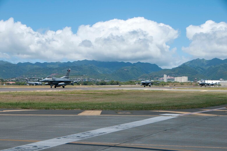 U.S. Air Force F-16 Fighting Falcons from the Texas Air National Guard 149th Fighter Wing, taxis on Joint Base Pearl Harbor-Hickam, Hawaii on Aug. 17, 2016. The visiting airmen and aircraft are participating in the Hawaii Air National Guard's Sentry Aloha exercise. This Sentry Aloha iteration will involve more than 800 personnel and more than 40 aircraft from eight other states and territories.(U.S. Air National Guard photo by Airman 1st Class Stan Pak/released)