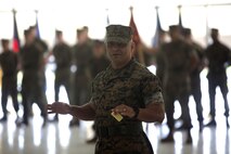 Sgt. Maj. Nicholas Deabreu, incoming sergeant major of Headquarters and Headquarters Squadron, speaks with the squadron at a Post and Relief Ceremony at Marine Corps Air Station New River, Sept. 16. Deabreu challenged the marines of H&HS to give everything they have each day when they come to work.