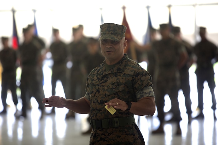 Sgt. Maj. Nicholas Deabreu, incoming sergeant major of Headquarters and Headquarters Squadron, speaks with the squadron at a Post and Relief Ceremony at Marine Corps Air Station New River, Sept. 16. Deabreu challenged the marines of H&HS to give everything they have each day when they come to work.