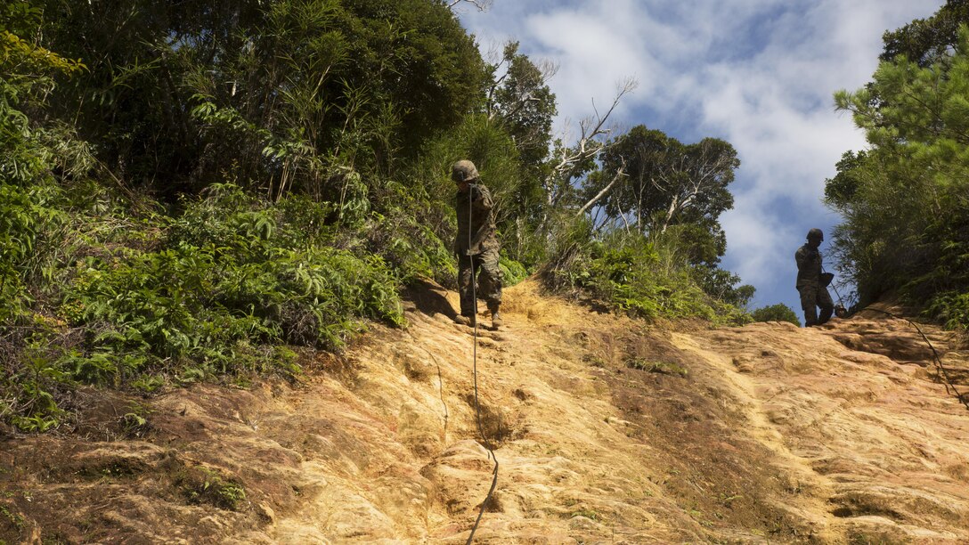 Marines hasty rappel down a steep hill Sept. 20 aboard the Jungle Warfare Training Center on Okinawa, Japan. Hasty rappelling is one of the many skills Marines must develop while training at JWTC. The training area stretches across more than 17,000 acres and is home to several rigorous courses through which Marines must navigate harsh terrain and climate-specific training in preparation for operations in the Asia-Pacific region.