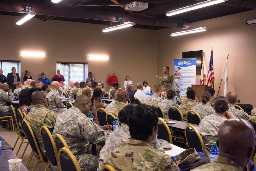REDSTONE ARSENAL, Ala. – Maj. Gen. A.C. Roper, commander of the 80th Training Command, addresses participants of the Family Readiness and Resiliency Fair held here Sept. 10, 2016. During his opening speech, Roper, who attended the event with his wife Edith, said, while the Army Reserve requires a lot from its Soldiers, family support is a critical component of Soldiers’ success.