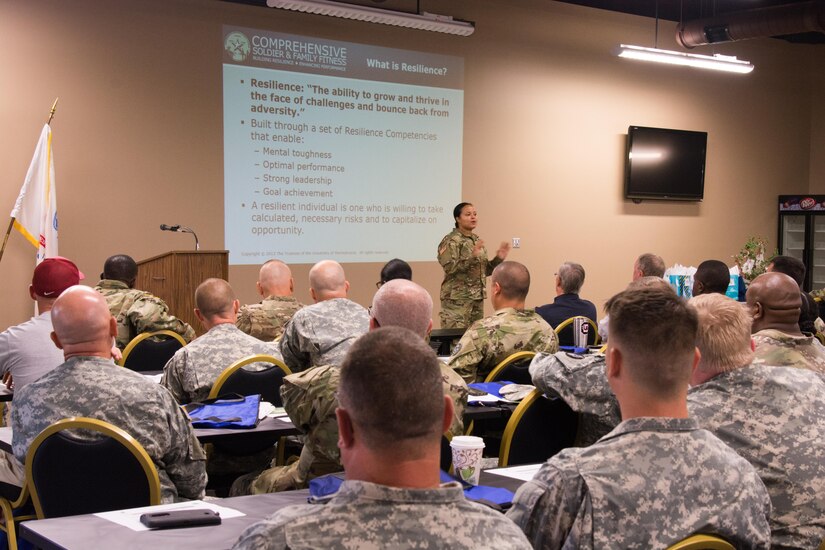 REDSTONE ARSENAL, Ala. – 1st Lt. Kayla Duff, a human resource officer for the 80th Training Command, teaches about a resilience technique called “hunt the good stuff” during the Family Readiness and Resiliency Fair held here Sept. 10, 2016. This technique aims to improve Soldiers and families resilience by enhancing one’s optimism through identifying the positives in life.