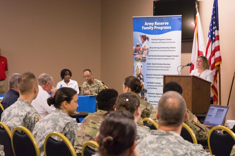 REDSTONE ARSENAL, Ala. – Ms. Nydia Negron, 80th Training Command Family Programs Director, introduces Maj. Gen. A.C. Roper, commander of the 80th TC, for opening remarks during a Family Readiness and Resiliency Fair held here Sept. 10, 2016. During his opening speech, Roper, who attended the event with his wife Edith, explains that developing ready and resilient Soldiers, as well as their families is one of his top five priorities.