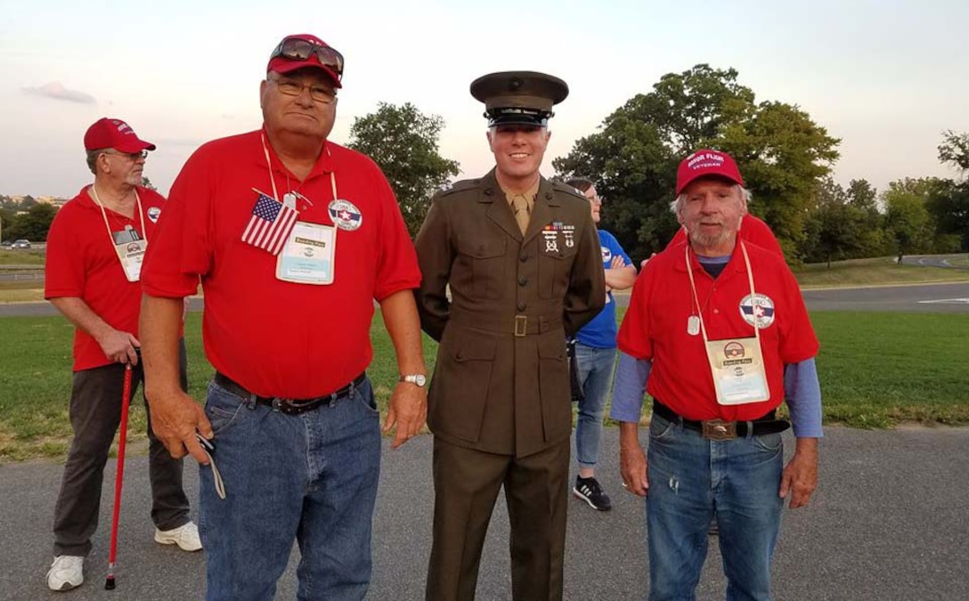 Captain Robert Altman, Commanding Officer, SvcCo, H&S Bn Quantico, volunteered to present information about the Marine Corps War Memorial and Battle of Iwo Jima during a September 17 Honor Flight visit.
