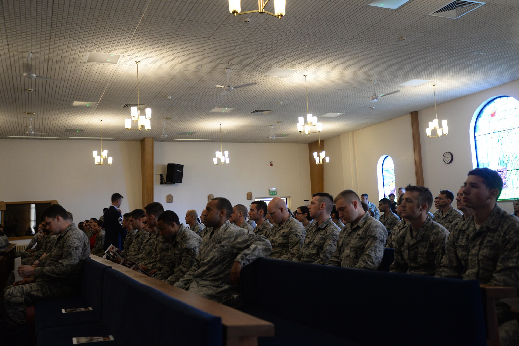 U.S. Air Force Staff Sgt. Joshua Wikston was remembered during a memorial service at the chapel on Royal Air Force Lakenheath, England, Sept. 22. Speakers at the ceremony remembered Wikston’s devotion to his family and friends. (U.S. Air Force photo/Airman 1st Class Eli Chevalier)