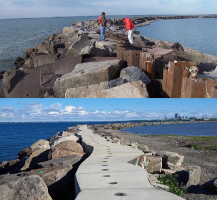 Repairs to Buffalo CDF#4 (bottom) after severe wave action damaged the lakeside dike (top), September 2016.