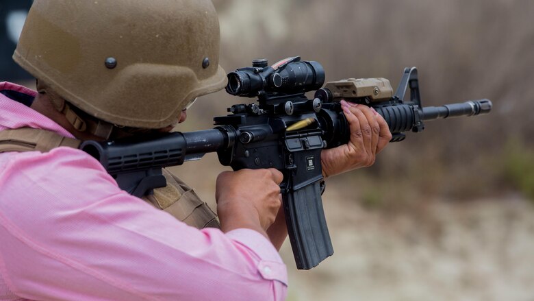 Retired Marine Sgt. Maj. Ramona Cook, now a board member of the Marines’ Memorial Association, conducted firing drills with an M4A1 carbine aboard Marine Corps Base Camp Pendleton, Calif., Sept. 19, 2016. Several events were held to reconnect members of MMA to the Marine Corps and expose them to modern day training. 