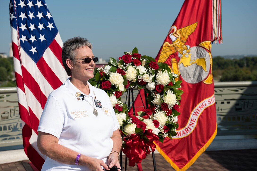 Jana Rigsby is honored at a wreath-laying ceremony in Nashville, Tenn., Sept. 7, 2016. Rigsby is a gold star mother who lost her son Lance Cpl. Tyler R. Overstreet in 2006. Marine Corps photo by Lance Cpl. Timothy Smithers